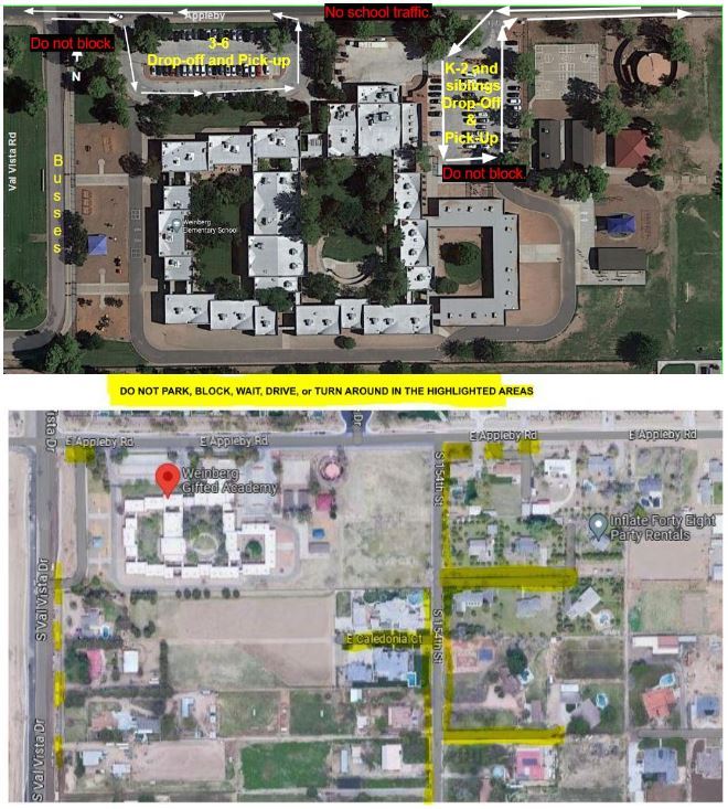 top image aerial view of campus with routes, bottom image neighborhood roads with highlighted parts showing where not to park